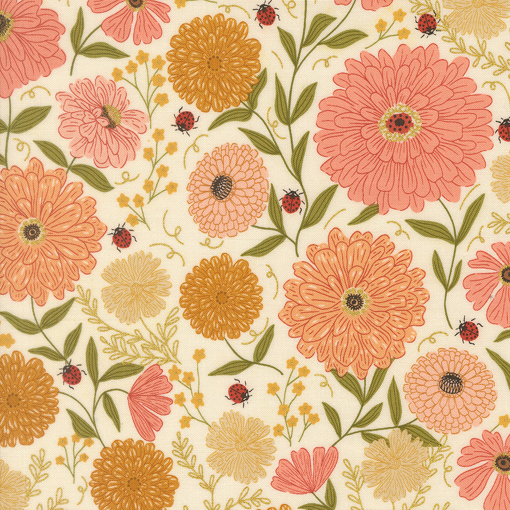 Fabric Moda Eggshell Zinnias Metallic Ladybug Whimsy by the Quarter Yard 48440-11M
