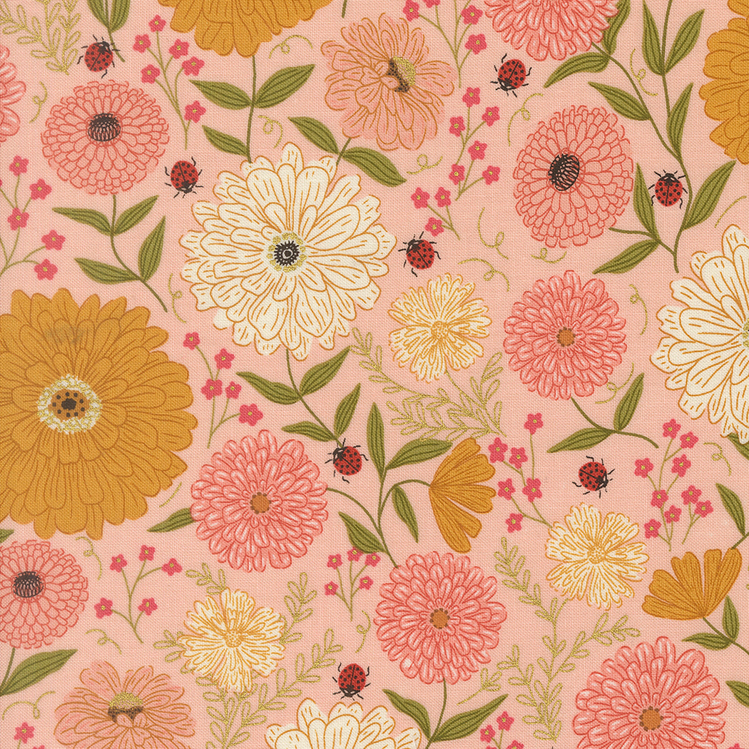Fabric Moda Pretty Pink Zinnias Metallic Ladybug Whimsy by the Quarter Yard 48440-15M
