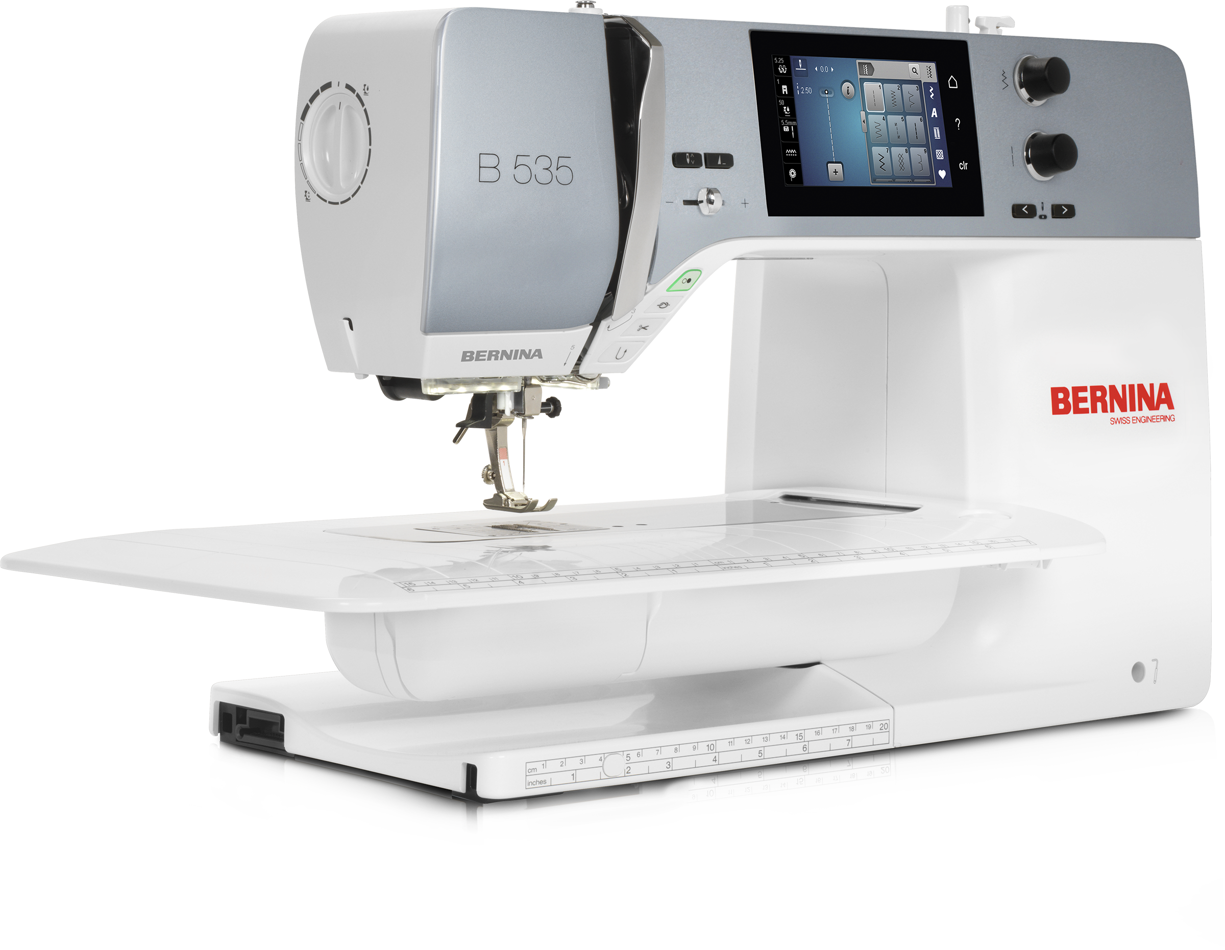 angled image of the BERNINA 535E Sewing and Embroidery Machine with table attached