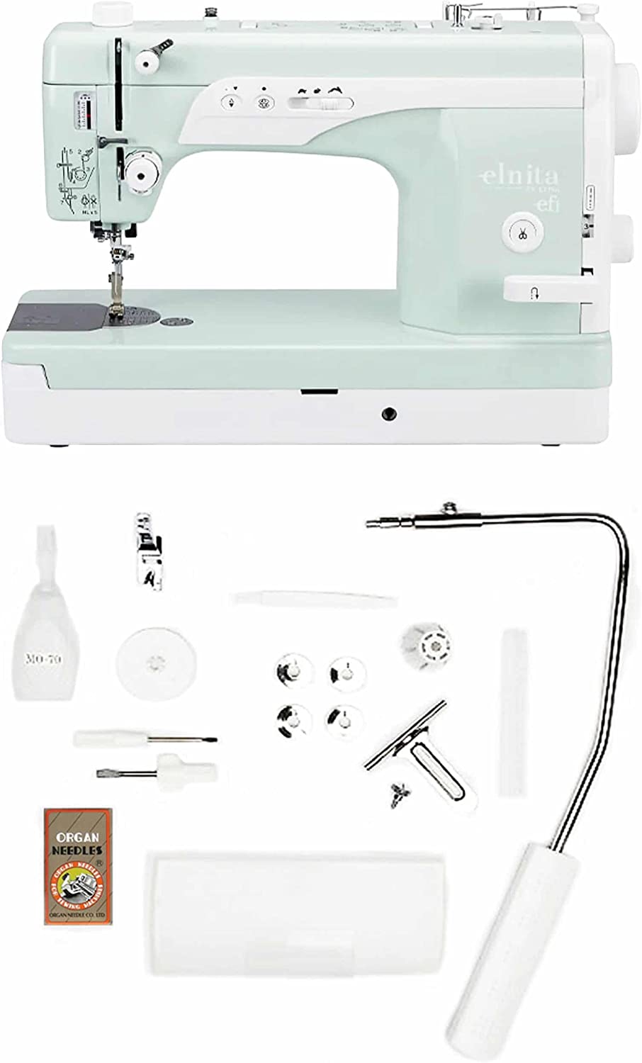 image of the Elna Elnita EF1 Sewing and Quilting Machine with included accessories