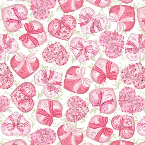 Fabric P & B Textiles White Multi Heart Boxes and Bows Coquette Charm by the Quarter Yard 6486-WHTMULTI