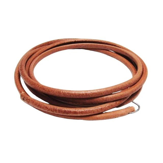 A coiled brown leather strap with a small metal ring at one end, shown on a plain white background.