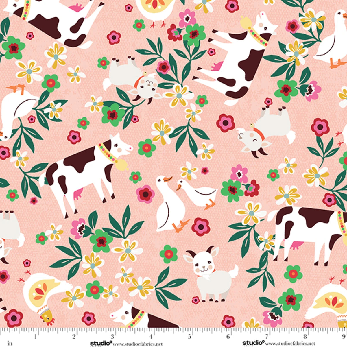 Fabric Studio E Woodland Pink Farm Animals The G.O.A.T. by the Quarter Yard 9253-22
