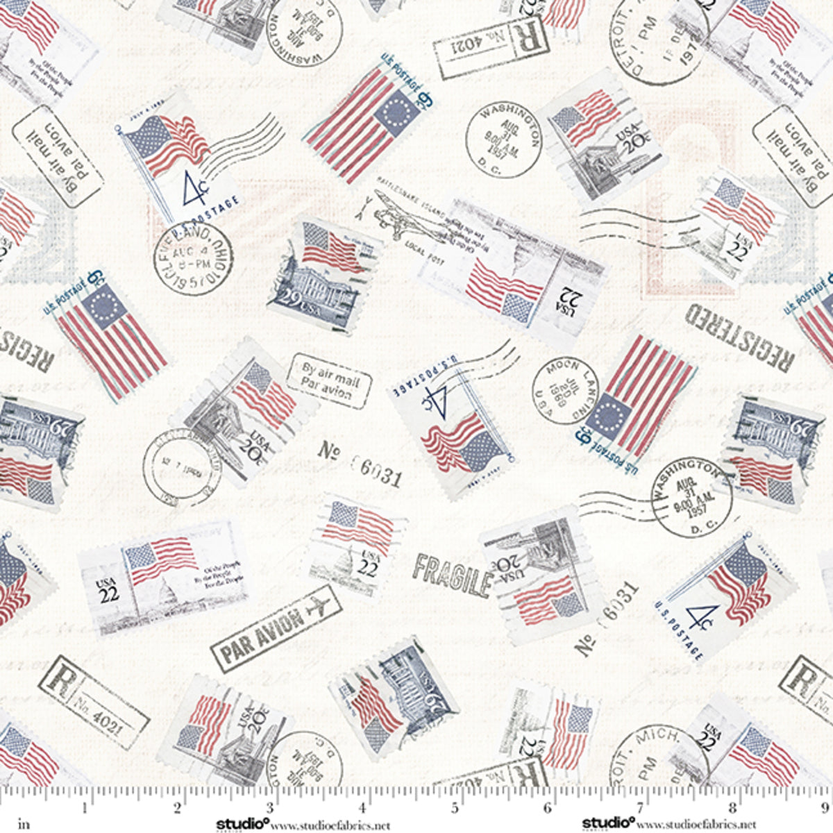 Fabric Studio E Patriotic Postage Toss Stars & Stripes by the Quarter Yard 9347-103