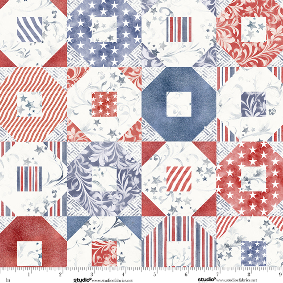 Fabric Studio E Patriotic Octagon Patchwork Stars & Stripes by the Quarter Yard 9351-103