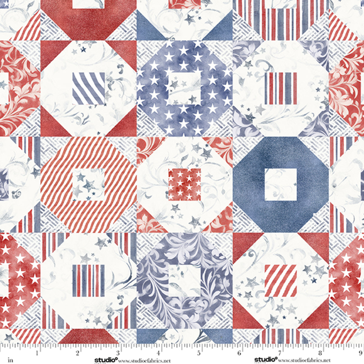 Fabric Studio E Patriotic Octagon Patchwork in Minky Stars & Stripes by the Quarter Yard 9376MK-103