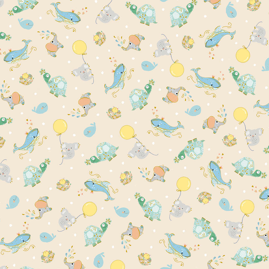 Fabric P&B Neutral Baby Animals and Balloons A Mother's Love by the Quarter Yard 6496-NEUTRAL