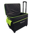A black quilted rolling bag with bright green trim, an open lid, telescoping handle, and a side pouch, shown on a plain white background. The brand name 'AccuQuilt' is visible on the front.