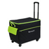 A black quilted rolling storage bag with bright lime green accents, featuring a telescoping handle, spinner wheels, a zippered main compartment, and a side pocket. The brand name 'AccuQuilt' is printed in white on the front.