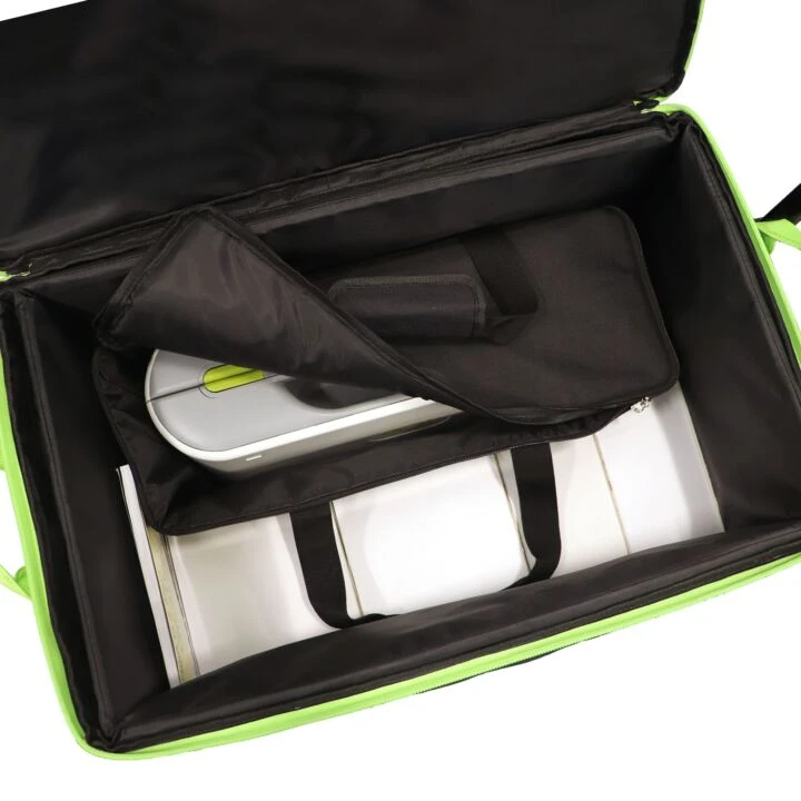 An open black soft-sided gear bag with bright neon green trim, shown from above. Inside are white padded inserts and a silver-and-green electronic case, photographed on a white background.