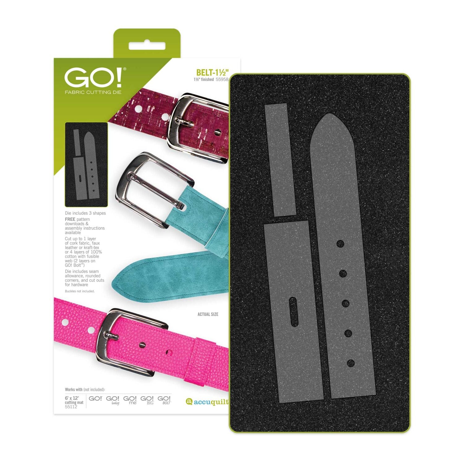 GO! Fabric Cutting Kit shown with its retail packaging on the left and the actual cutting mat on the right. The cutting mat is black with gray templates, and the packaging displays three color options for the leather strips: magenta, teal, and pink.