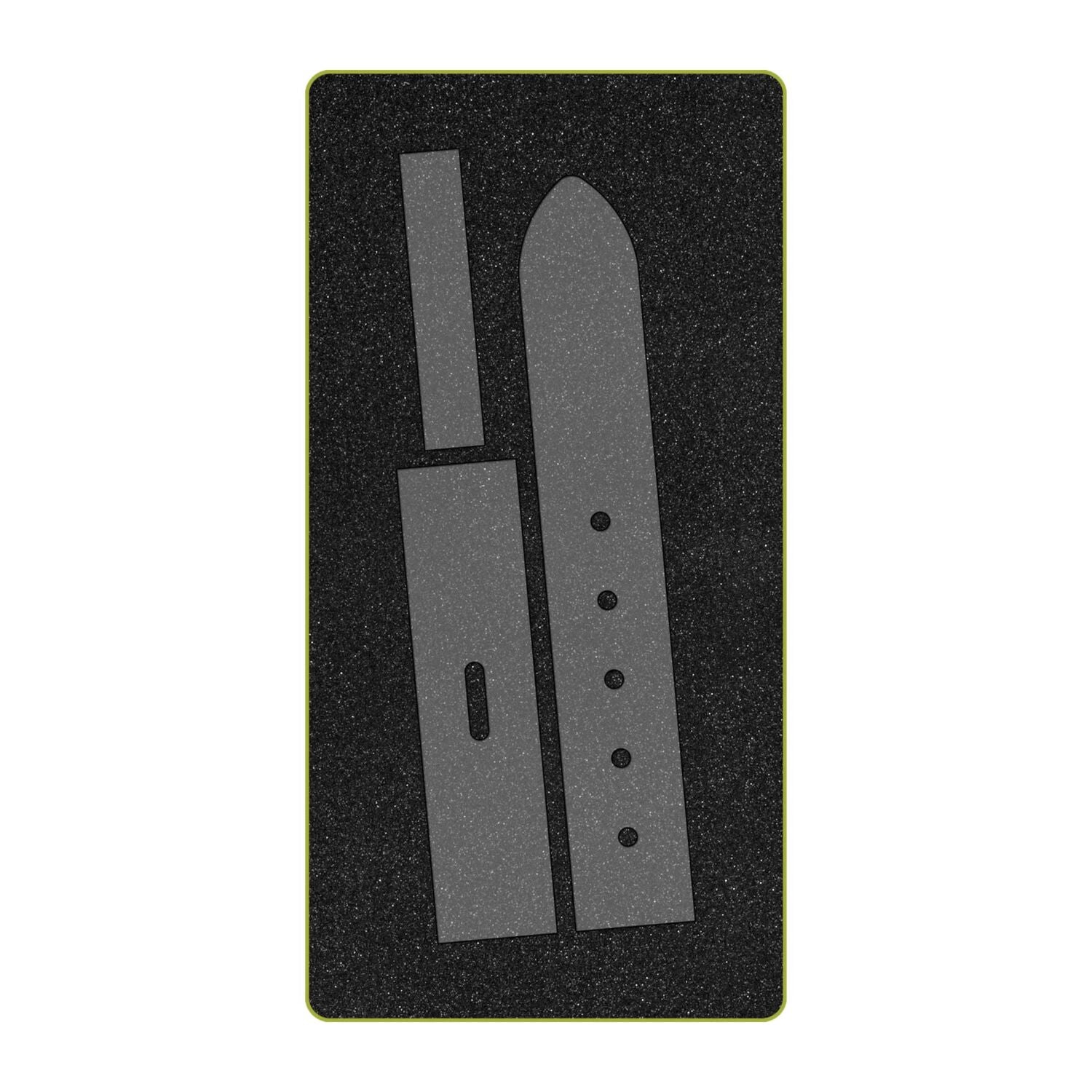 A rectangular black foam accuquilt cutting die with a gray silhouette of a belt, outlined with a thin yellow border, shown on a white background.