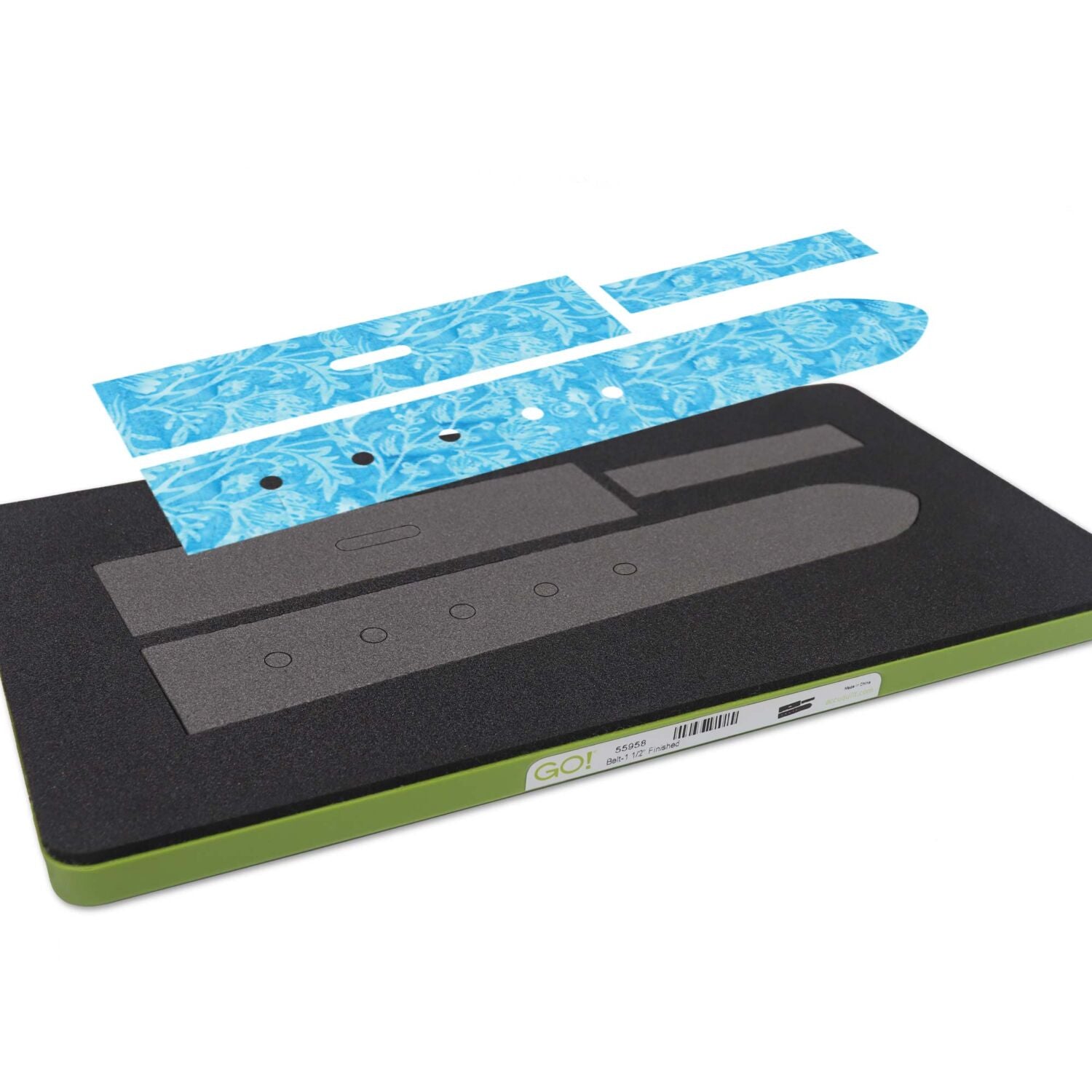 A black and olive green surfboard with a blue and white patterned skin or decal applied to the top, shown on a plain white background.