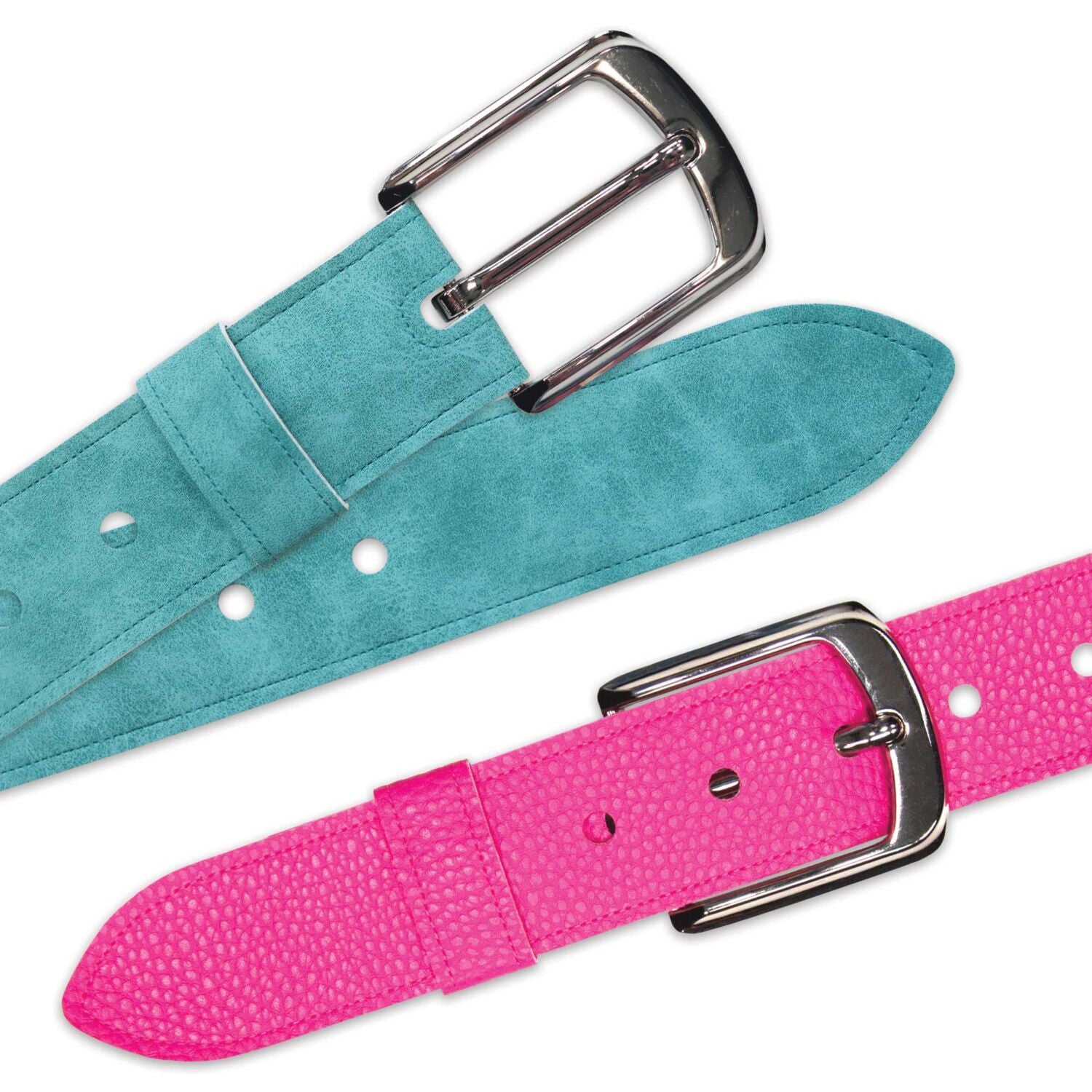 Two belts, one turquoise and one pink, with metal buckles on a white background.