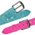 Two belts, one turquoise and one pink, with metal buckles on a white background.