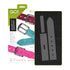 GO! Fabric Cutting Kit shown with its retail packaging on the left and the actual cutting mat on the right. The cutting mat is black with gray templates, and the packaging displays three color options for the leather strips: magenta, teal, and pink.