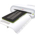 A GO! BOLT device shown in white with a black and olive green rectangular sample or tray being fed into the opening, on a clean white background.