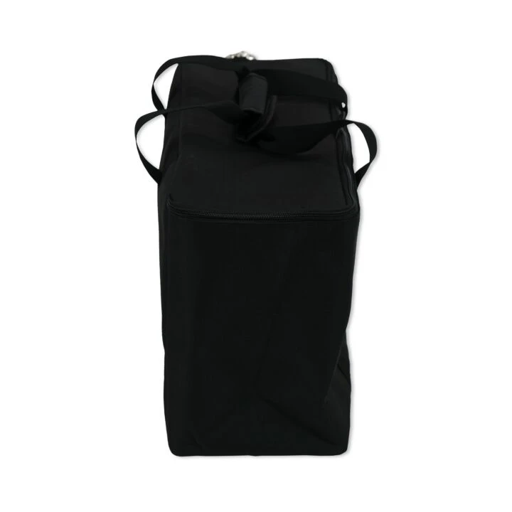 A black soft-sided rectangular bag with a top zipper, black shoulder strap, and a small silver metal ring detail at the top, shown against a plain white background.
