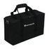 A black fabric storage tote bag with dual top handles, a zippered side pocket, and the white 'accuquilt' logo printed on the front, shown on a plain white background.