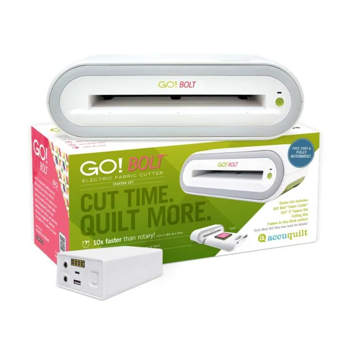 GO! BOLT electric fabric cutter with packaging on a white background