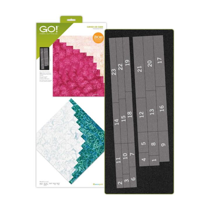AccuQuilt Cutting Die shown with the retail package on the left and the black card mat with numbered gray guide strips on the right, on a white background.
