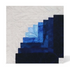 A square quilted fabric block design featuring a geometric corner pattern in shades of white, light blue, royal blue, and dark navy, with a white quilted background.
