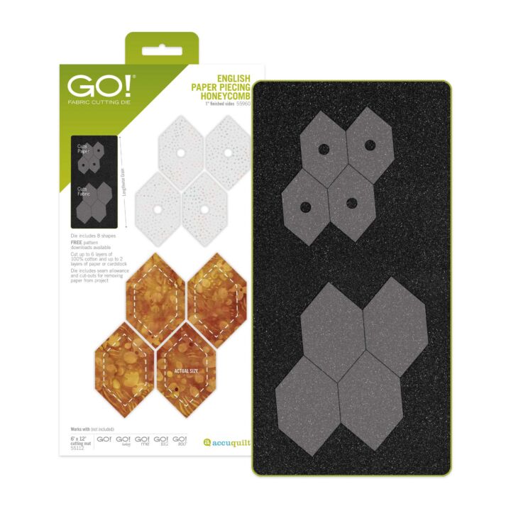 AccuQuilt GO! English Paper Piecing Honeycomb cutting die set, showing the retail packaging on the left and a black practice sheet with gray hexagonal stencil shapes on the right.