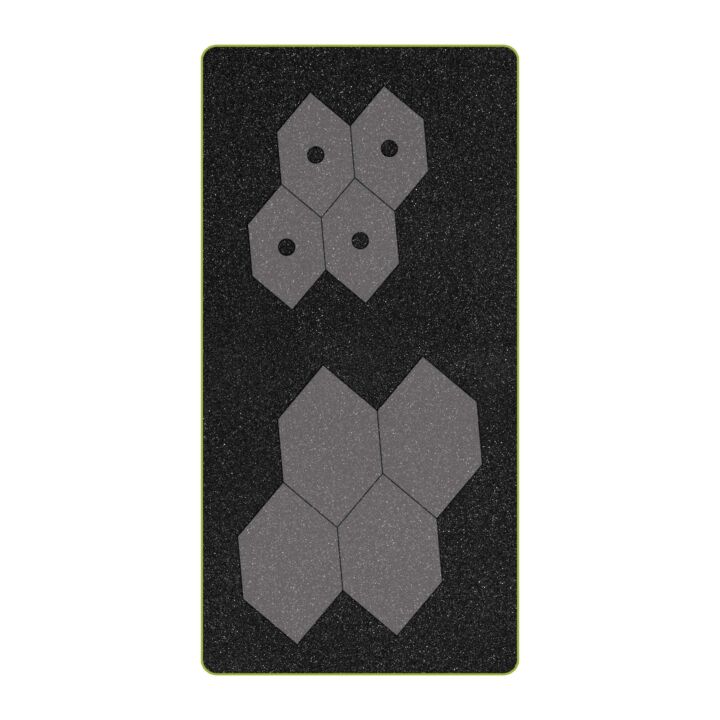 A rectangular black textured mat with rounded corners, featuring two gray hexagonal geometric patterns on a white background.