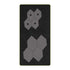 A rectangular black textured mat with rounded corners, featuring two gray hexagonal geometric patterns on a white background.