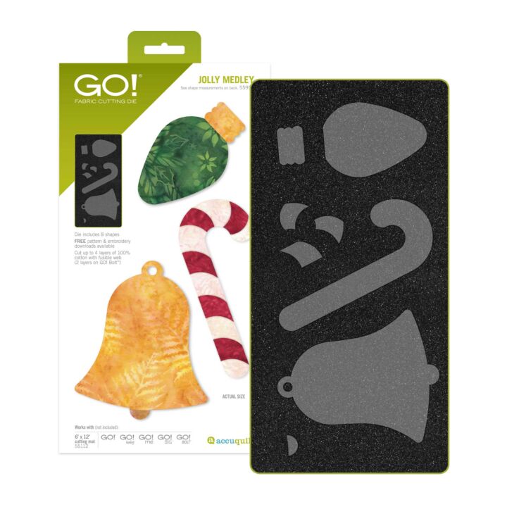 GO! Fabric Cutters Die set featuring the 'Jolly Medley' design. The image shows the retail packaging on the left, displaying festive illustrations of a green ornament, a red and white candy cane, and a gold bell, alongside a preview of the black foam cutter sheet on the right with matching shapes.