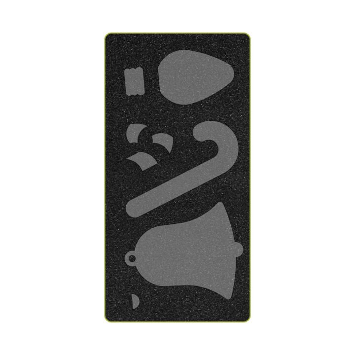 A rectangular black foam insert with pre-cut gray shapes, including a large bell, a curved handle-like form, a teardrop shape, and smaller fragments, shown on a plain white background.