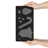 A rectangular black foam practice pad with a gray printed snowboard silhouette, held by two hands against a white background.