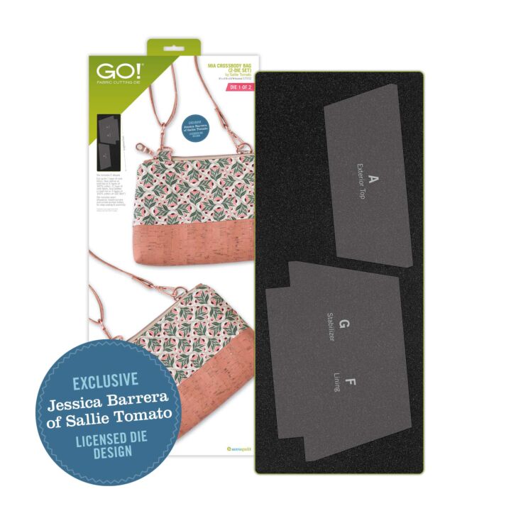 GO! brand die-cut pattern card set for crafting, featuring a patterned purse design on the left packaging and three dark gray pattern cards labeled A, G, and F on a black mat to the right.