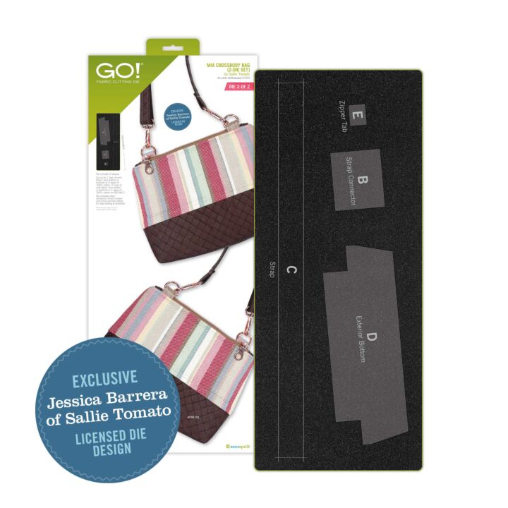 GO! brand quilting die set packaging and black metal die plate shown on a white background, with a blue circular badge reading 'EXCLUSIVE Jessica Barrera of Sallie Tomato Licensed Die Design' and an illustrated striped clutch purse on the package.