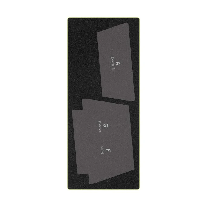 A black rectangular mat with a thin yellow border, featuring three gray template pieces labeled A, G, and F with white text, shown on a plain white background.