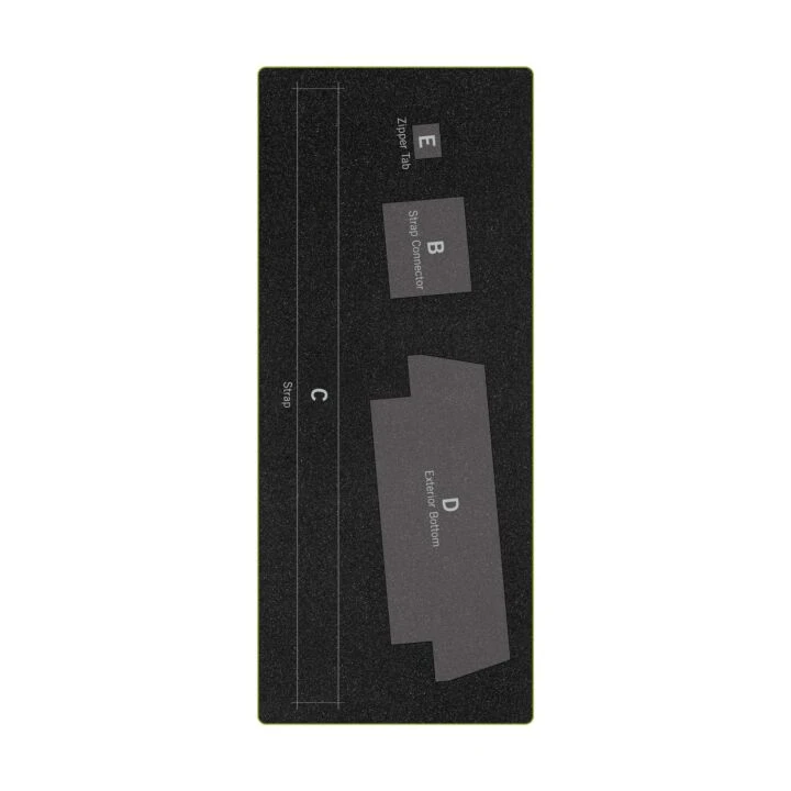 A black rectangular foam template or mold with labeled cutout areas C, B, D, and E, plus a small '5/8 in' measurement marking, shown on a plain white background.