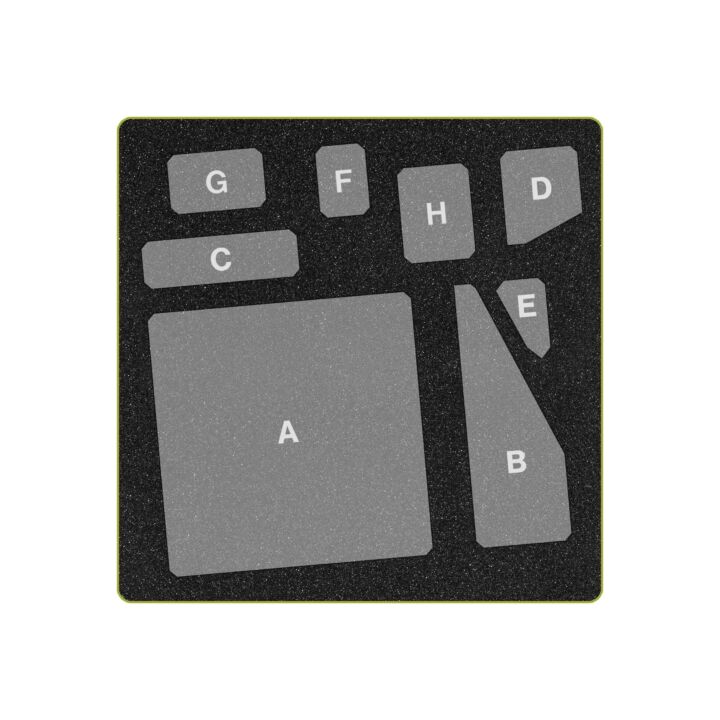 A square black textured mat or pad with a raised border, featuring gray cutout shapes labeled A, B, C, D, E, F, G, and H, shown on a plain white background.