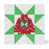 A square quilt block featuring a festive Christmas star design with a red patterned sweater motif in the center, surrounded by green patterned triangles on a white quilted background.