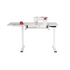 White sewing machine on a matching white table with a white background