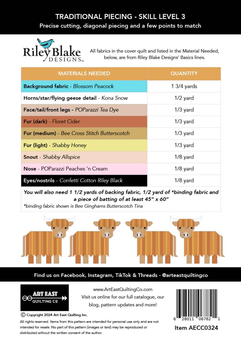 Art East Quilting Co. Cattle Call Highland Coo Quilt Pattern P203-CATTLECALL