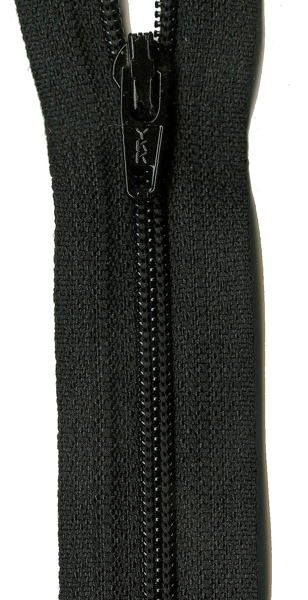 Close-up of a black zipper with a black pull tab on a white background.