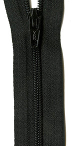 Close-up of a black zipper with a black pull tab on a white background.