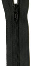 Close-up of a black zipper with a black pull tab on a white background.