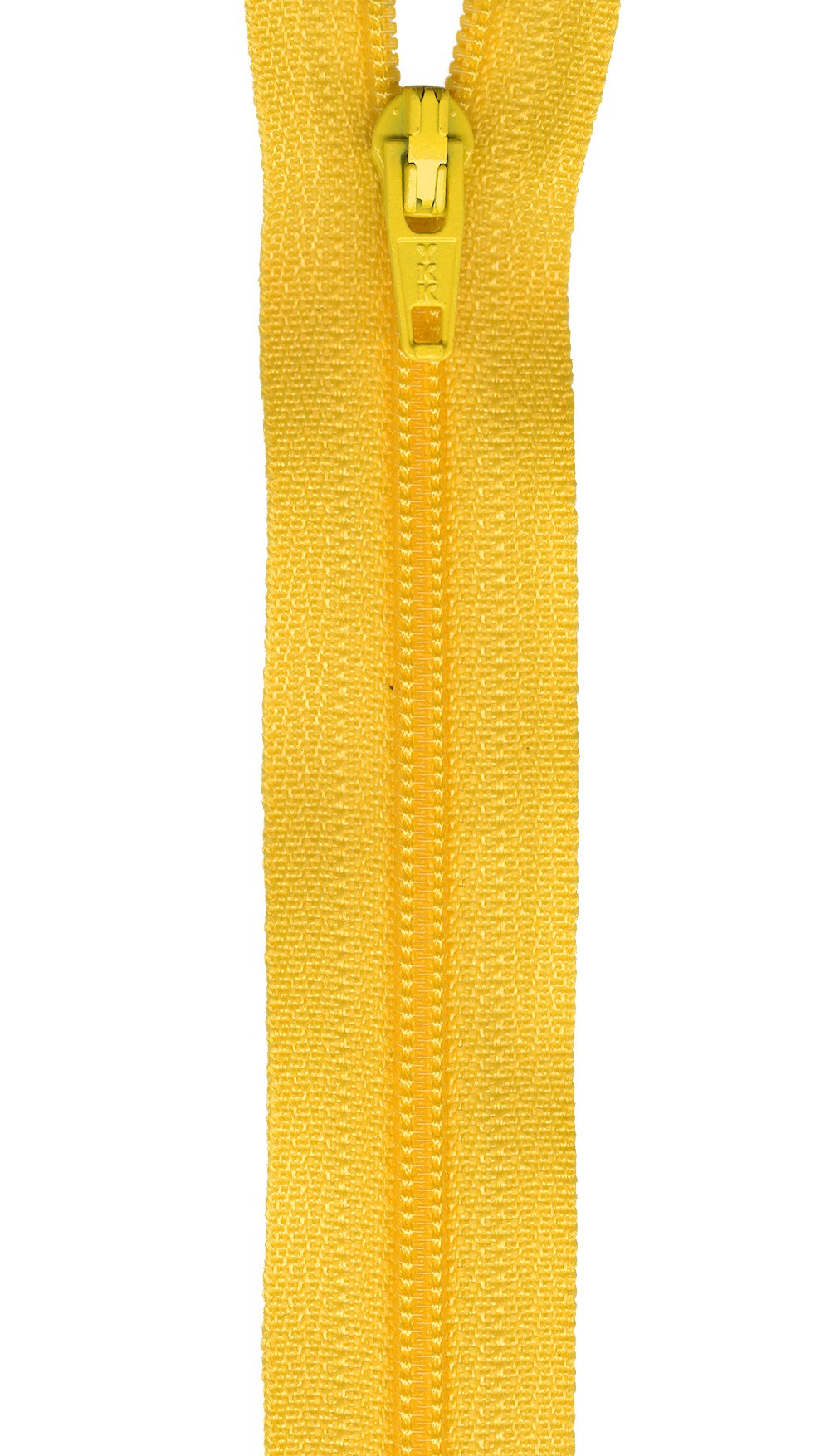 A close-up of a bright yellow zipper with a matching yellow pull tab, shown vertically against a plain white background.