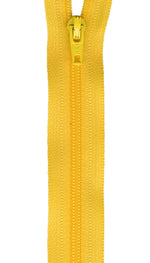 A close-up of a bright yellow zipper with a matching yellow pull tab, shown vertically against a plain white background.
