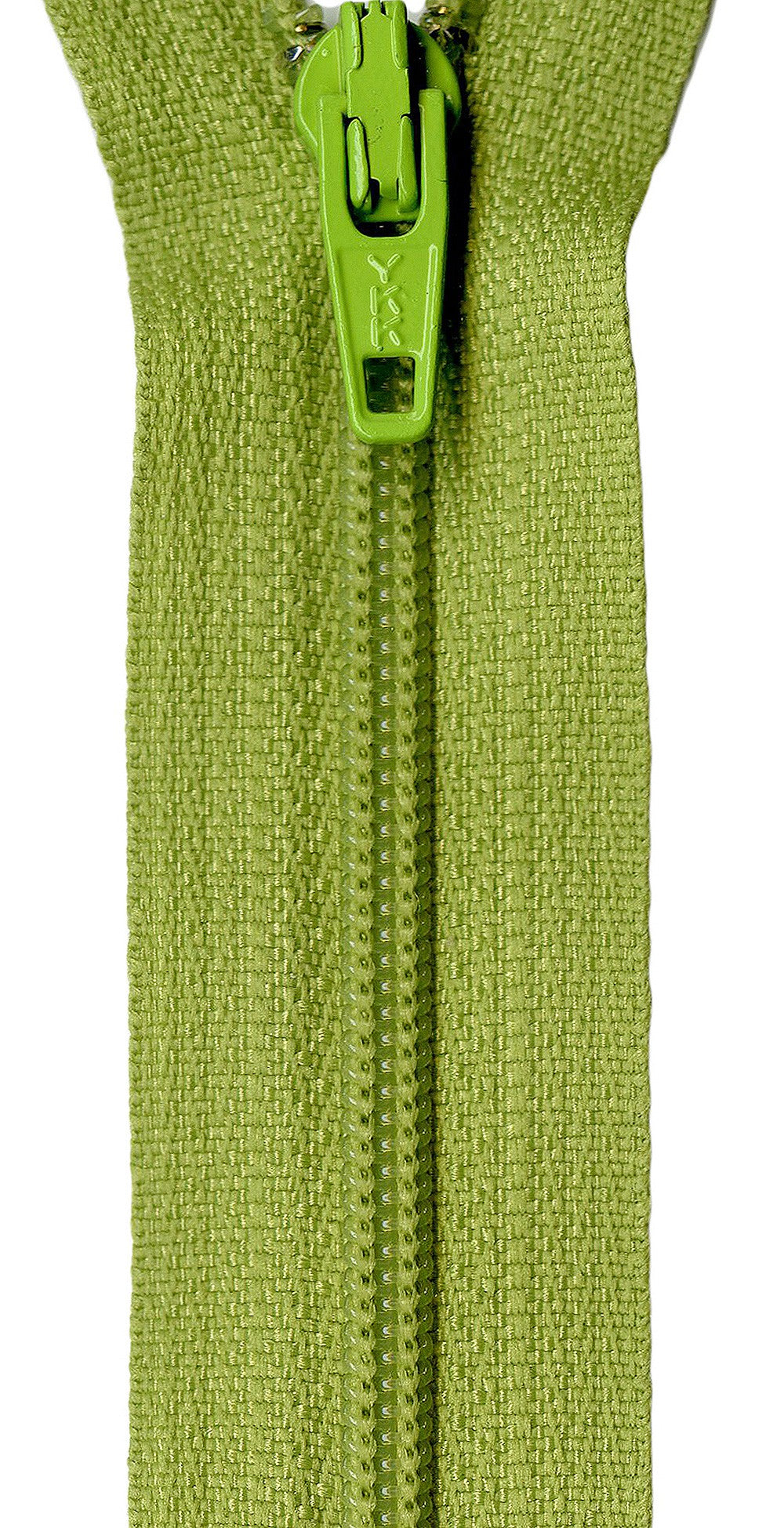 A close-up of a textured olive green zipper with a bright lime green pull tab, set against a plain white background.