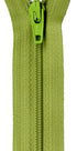 A close-up of a textured olive green zipper with a bright lime green pull tab, set against a plain white background.