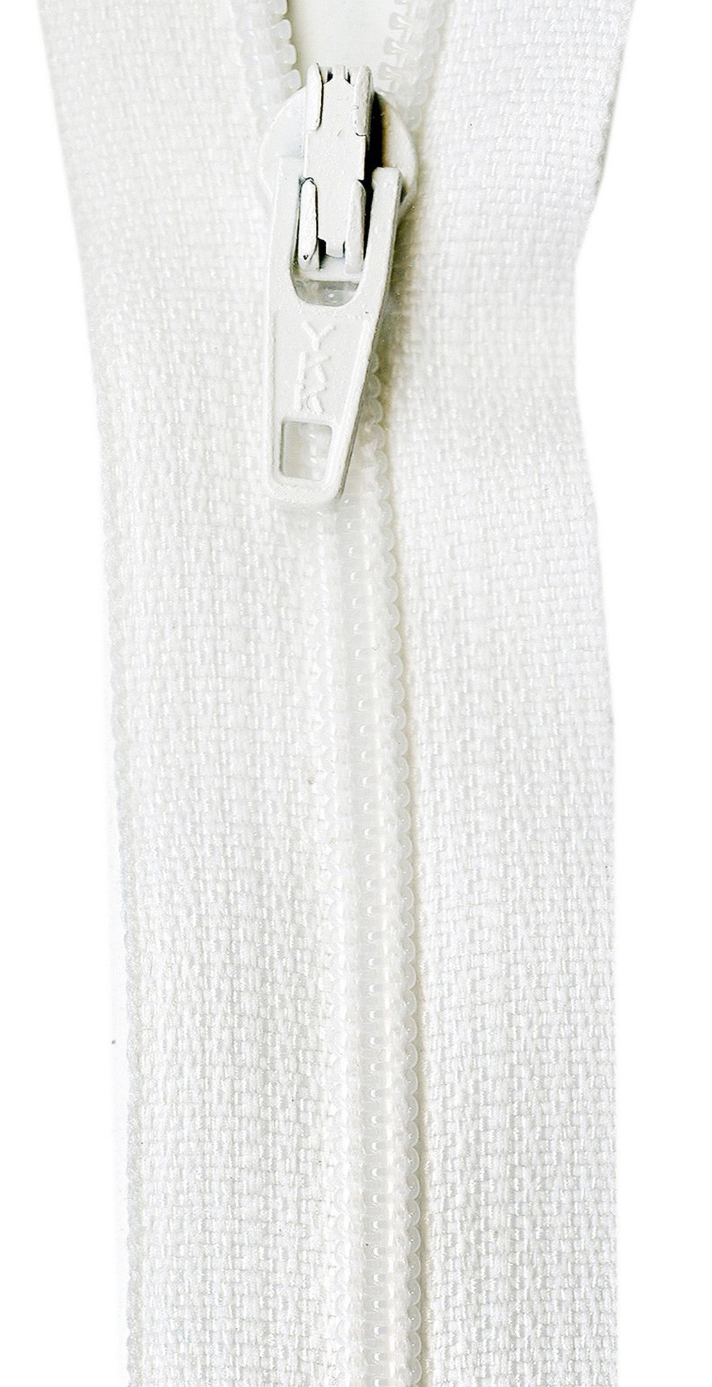 Close-up of a white textured fabric with a zipper on a white background
