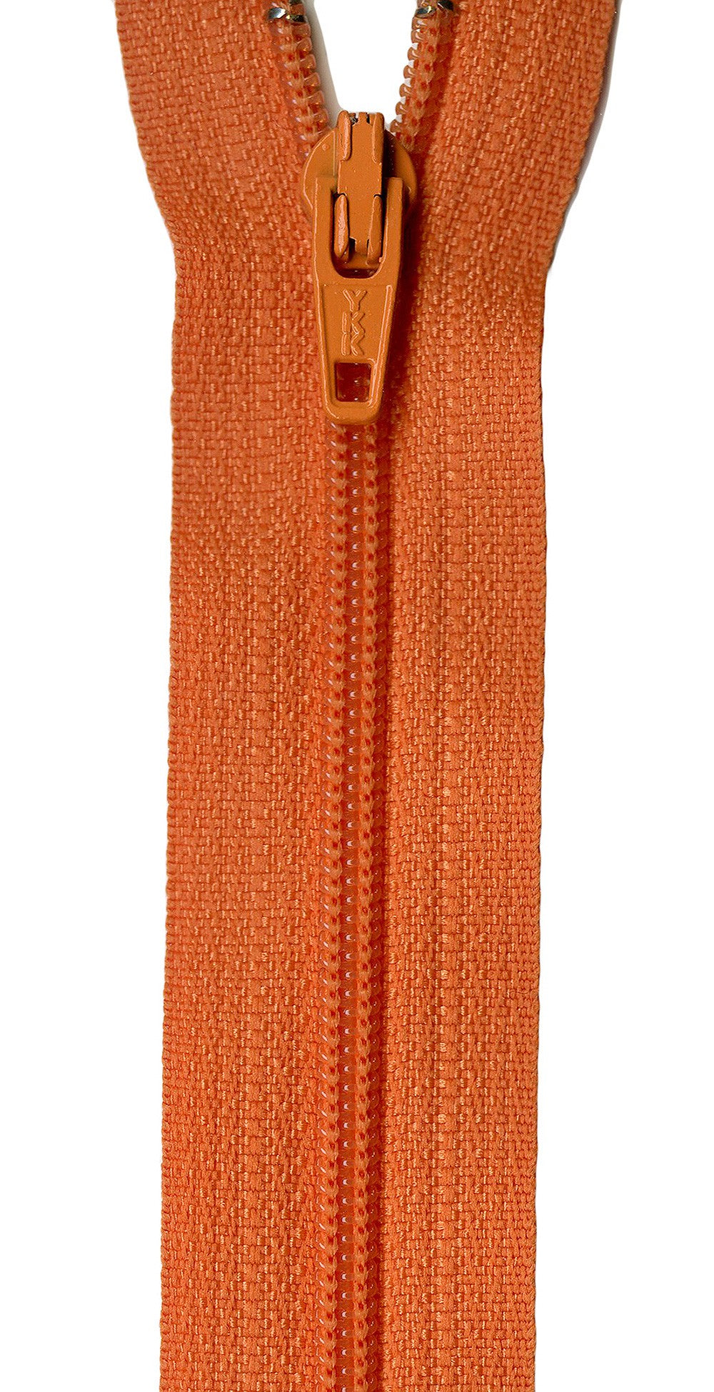 Close-up of a bright orange zipper with matching orange pull tab on a white background.