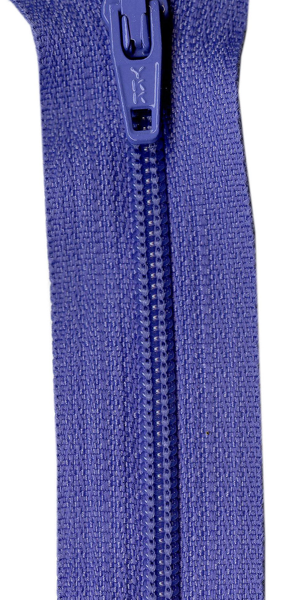 A close-up of a textured purple zipper with a matching purple pull tab, shown vertically against a plain white background.